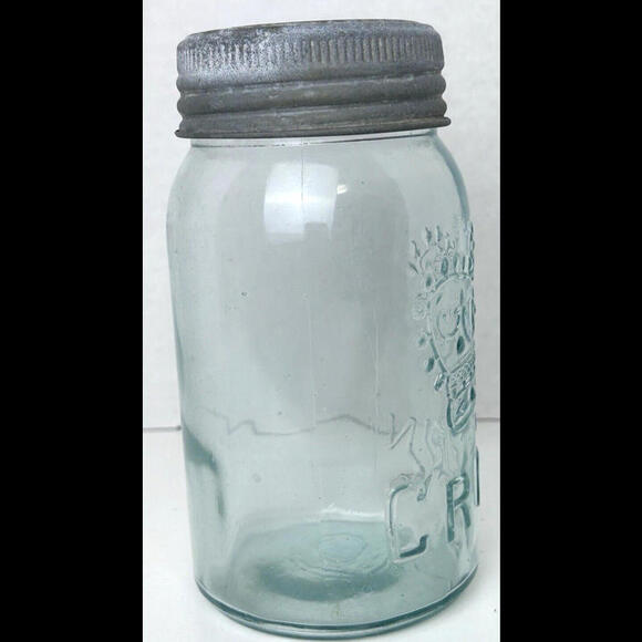 Antique CROWN Quart Aqua Blue Glass Canning Jar Zinc Ring Glass Lid Complete - Picture 6 of 14
